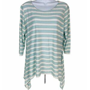 Monroe n Main Top Women Size L Light Blue Silver White Stripe Longer On Sides